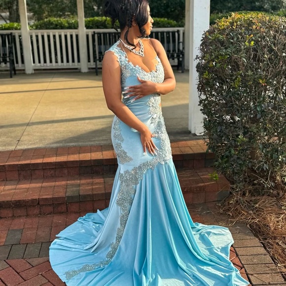Glamorous Light Blue and Silver Lace Prom Dress